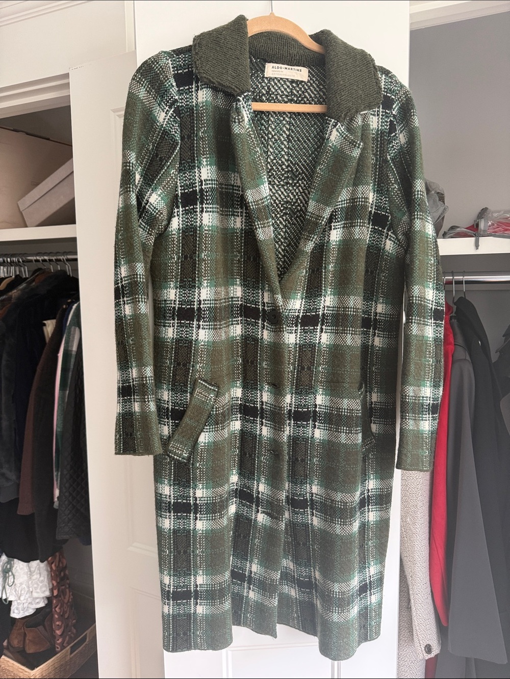 Aldo Martins Green Black and White Plaid Long Coat